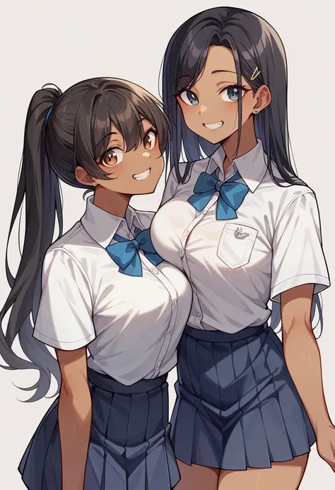 1 person、middle School girls、White polo shirt、mini skirt、Long Black Hair、ponytail、White collar、Short sleeve、smile、Brown Skin、big、An illustration