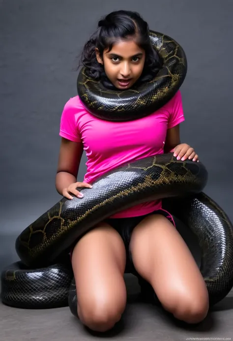 Pink sport shorts Happy Horny, aroused 1girl), beautiful kneeling Indian young teen girl  with  giant colossal black anaconda monster  squeezing her hard, wrapped in thick spiraling coils, constricted, struggle, gasping for air, snake attack, snake peril, ...