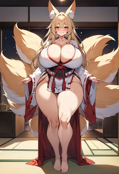 One girl, Mature Woman, Mature Woman, Japanese-style room、Tatami room、Sliding doors、Dark room、 plump, Voluptuous body,  Huge breasts, Saggy breasts, Wide Hips, Thick thighs, Miko costume, barefoot, Cleavage, Are standing, Blonde Nine Tails, smile, Short bl...