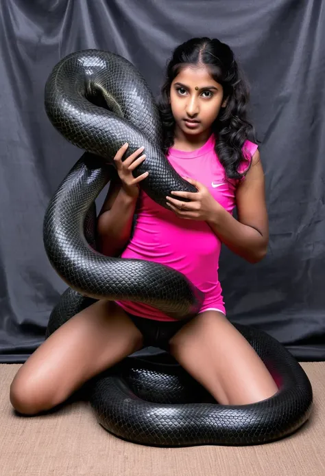 Pink sport shorts Happy Horny, aroused 1girl), beautiful kneeling Indian young teen girl  with  giant colossal black anaconda monster  squeezing her hard, wrapped in thick spiraling coils, constricted, struggle, gasping for air, snake attack, snake peril, ...