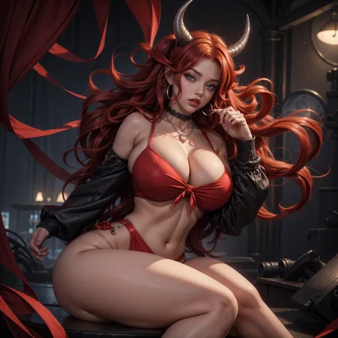 (masterpiece)Best quality, young teen girl solo, Giant breasts, Big Round Ass, очень seductive, red fiery hair, Red Demon Horns, Blue eyes, full lips, seductive, ribbon in her hair, necklace, sexy mesh, silver hoops, thick thighs, Curvy physique, wide hips...