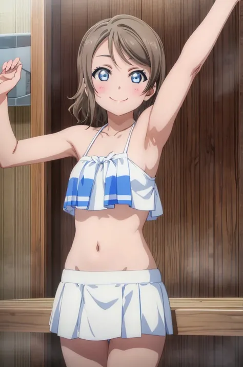 (((pixel-perfect, detail-perfect))), solo, 1girl, you watanabe, eyes azzur, smile, bikini, sauna, armpit, big filesize, ultra High Qality