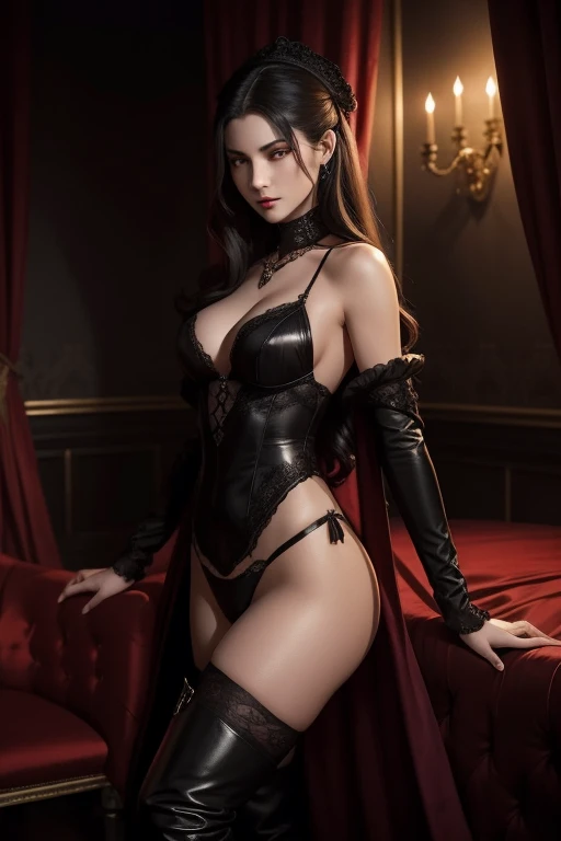 Describe a scene where a female vampire from the Tremere clan, with aristocratic features and mesmerizing eyes, is to seduce someone in a dark and mysterious environment. She is dressed in elegant clothes and displays an aura of power and mystery.... Your ...