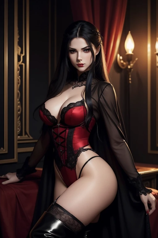 Describe a scene where a female vampire from the Tremere clan, with aristocratic features and mesmerizing eyes, is to seduce someone in a dark and mysterious environment. She is dressed in elegant clothes and displays an aura of power and mystery.... Your ...