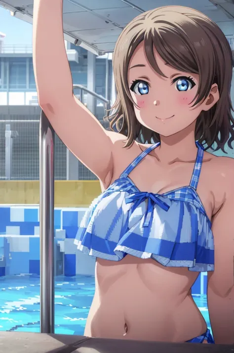 (((pixel-perfect, detail-perfect))), solo, 1girl, you watanabe, eyes azzur, smile, bikini, pool, armpit, big filesize, ultra High Qality