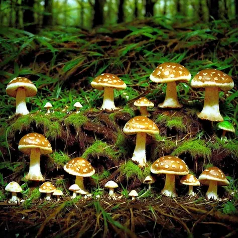 cottagecore, mushrooms growing on a mossy log in a forest, mushroom forest, mycena acicula, forest made out of mushroom, magic m...