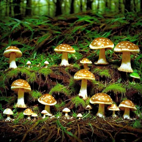 cottagecore, mushrooms growing on a mossy log in a forest, mushroom forest, mycena acicula, forest made out of mushroom, magic m...