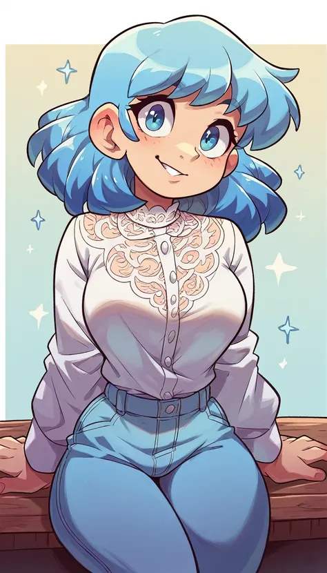 a cute girl beautiful beautiful attraction big chest light blue hair short round wearing shell hair her bright blue eye she wears a white shirt thread yellow lace collar and her skirt long blue pants she mountain hawaii