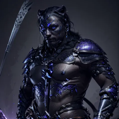 a panther warrior with black and brown leather armor and crystal daggers in his hands and a piercing gaze with brilliant violet eyes