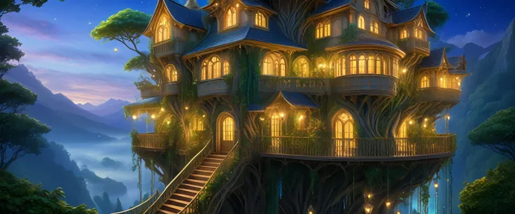 (whimsical treehouse,multiple floors,balconies,large tree,vibrant greenery,magical effect,fantasy,detailed environment,intricate architecture,lush foliage,warm lighting,enchanting atmosphere,highly detailed,cinematic,photorealistic,masterpiece:1.2,ultra-de...