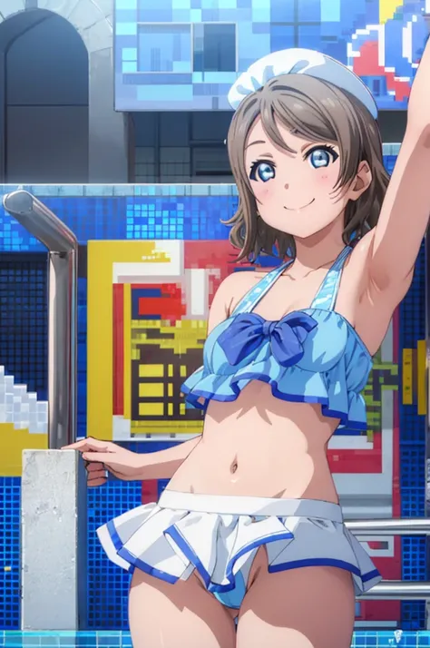 (((pixel-perfect, detail-perfect))), solo, 1girl, you watanabe, eyes azzur, smile, bikini, pool, armpit, big filesize, ultra High Qality