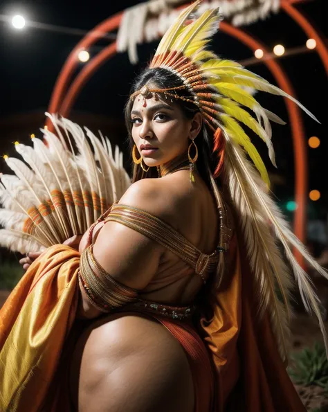 Beautiful Cherokee Indian woman with beautiful terracotta colored headdresses, blackw, doradas, cobre, Pearl, white and beige, feathers made of bright neon of various colors, flares on camera, bokeh, full moon night
