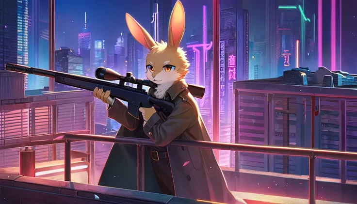 ((Masterpiece)), ((Best Quality)), (Very Detailed), ((Very Detailed)), 4K, (8K), very aesthetic, absurdres highres, 1man, anthropomorphic rabbit, furry, kemono, A sniper wearing a black trench coat, with a sniper rifle, on the rooftop of a high-rise buildi...