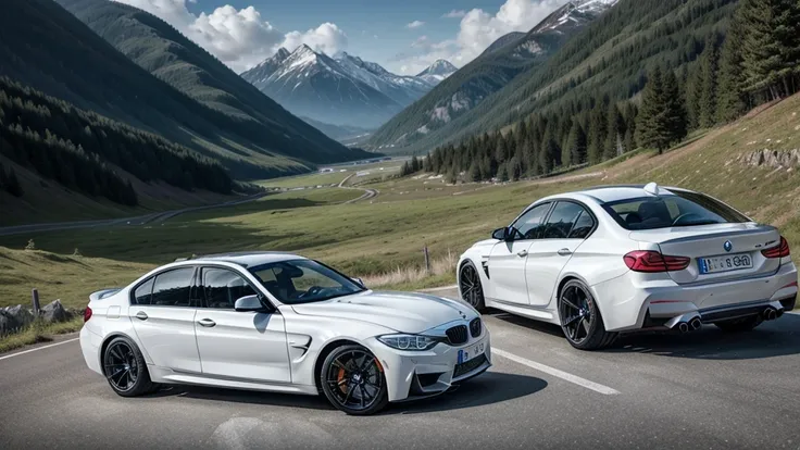 A white BMW M3 on a road with a beautiful, ultra realistic landscape for wallpaper 