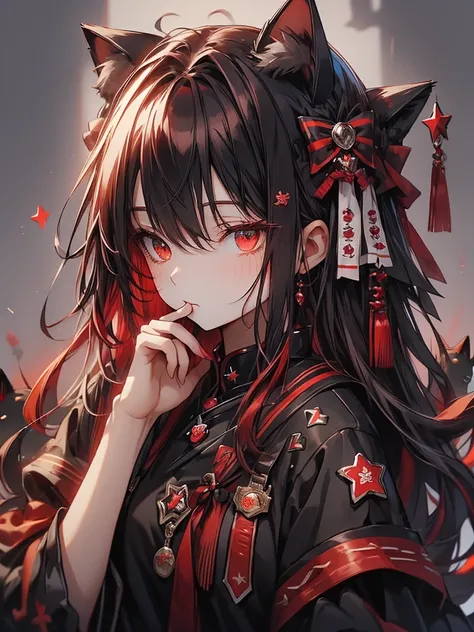 Cat ears with black and red ribbon、red Hair、red Badge、Checkmark clothing、I rest my head on my elbows and think about what to do.、✔、lollipop in mouth held with one hand, Convinced look 