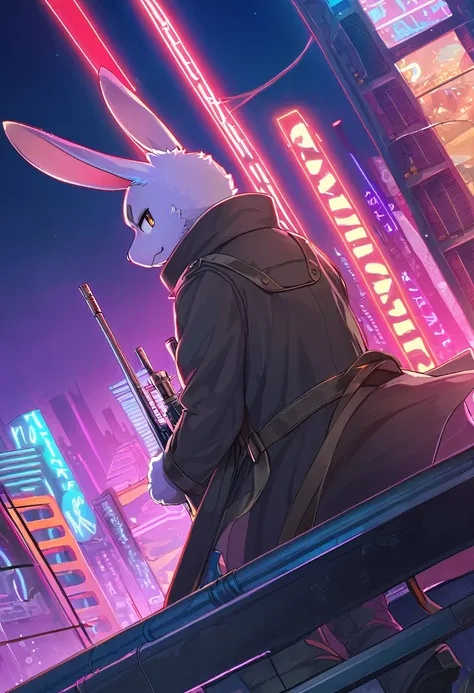 ((Masterpiece)), ((Best Quality)), (Very Detailed), ((Very Detailed)), 4K, (8K), very aesthetic, absurdres highres, 1man, anthropomorphic rabbit, furry, kemono, A sniper wearing a black trench coat, with a sniper rifle, on the rooftop of a high-rise buildi...