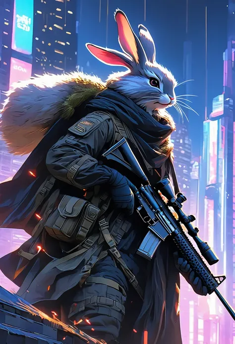 ((Masterpiece)), ((Best Quality)), (Very Detailed), ((Very Detailed)), 4K, (8K), very aesthetic, absurdres highres, 1man, anthropomorphic rabbit, furry, kemono, A sniper wearing a black trench coat, with a sniper rifle, on the rooftop of a high-rise buildi...