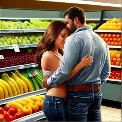 (best quality, realist), a couple enjoying a romantic moment in a crowded supermarket., the wife is wearing jeans and a transpar...