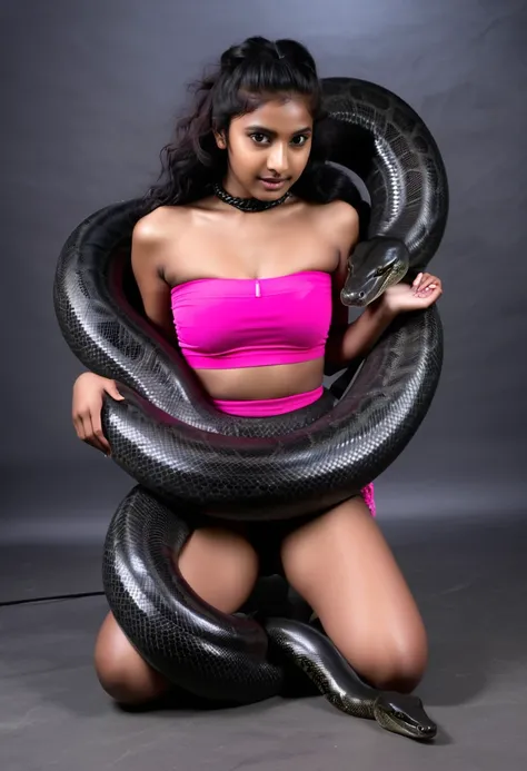 Pink booty  shorts Happy Horny, aroused 1girl), beautiful kneeling Indian young teen girl  with  giant colossal black anaconda monster  squeezing her hard, wrapped in thick spiraling coils, constricted, struggle, gasping for air, snake attack, snake peril,...