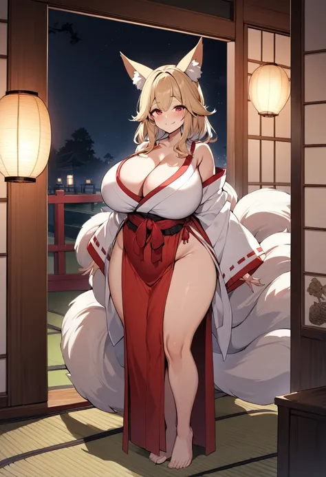 One girl, Mature Woman, Mature Woman, Japanese-style room、Tatami room、Sliding doors、Dark room、 plump, Voluptuous body,  Huge breasts, Saggy breasts, Wide Hips, Miko costume, barefoot, Cleavage, Are standing, Blonde Nine Tails, smile, Short blonde, Red eyes...