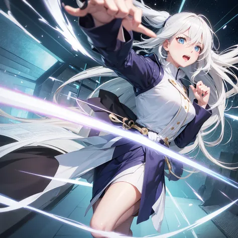 Girl with white hair hero, shonen anime style, Kyoto Animation Studio, action pose