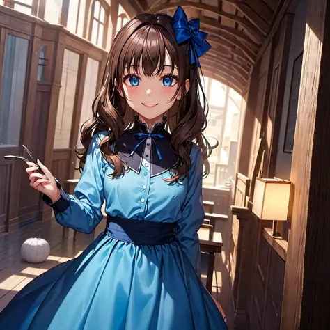 girl with wavy chestnut hair。blue eyes。A glamorous figure of a 12-year-old、Wearing a blue medieval dress。Bright smile