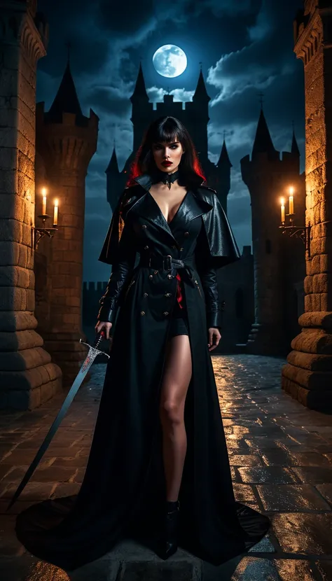 Full body shot, dark fantasy, a beautiful sexy woman vampire in a black trench coat, vampirella,  medieval castle, dark night, sword, moonlight, detailed face, intricate clothing, dramatic lighting, fantasy, cinematic, dark moody atmosphere, highly detaile...