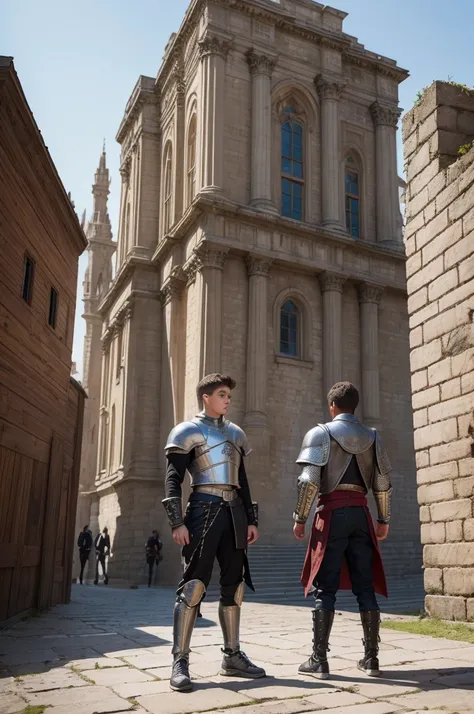 The scene depicts three young people in front of a futuristic-medieval citadel. Two boys and one , all in their late teens, dressed in a combination of modern and medieval costumes. On their feet they wear sneakers and jeans and on their upper bodies they ...