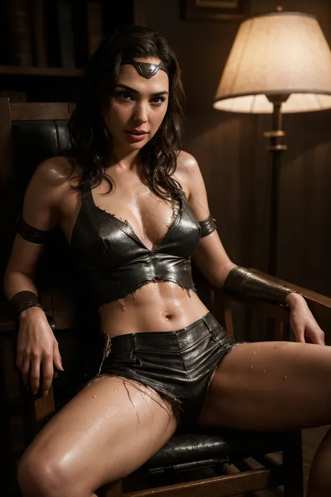 realistic cinematic lighting, closeup, gal gadot, tied in the chair, bdsm, torn clothes, dirty body, wet body, messy hair, spread wide leg, interrogation chair, almost naked, cleavage, armpit, crotch, highly detailed, 8k, photorealistic, dramatic lighting,...