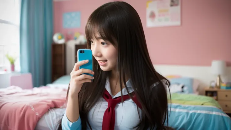 A surprised high school girl in her room, looking at her cell phone