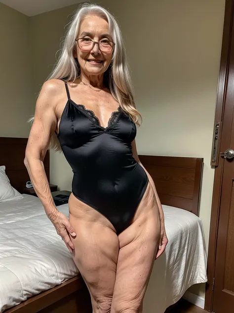 Mature old woman 80 years with silver very long hair, plus size, old face and body with many wrinkles, smiling, loose skin, standing at bedroom posing for photo, She wearing satin pink bodysuit with large neckline, lace stockings and glasses, jaw dropping ...