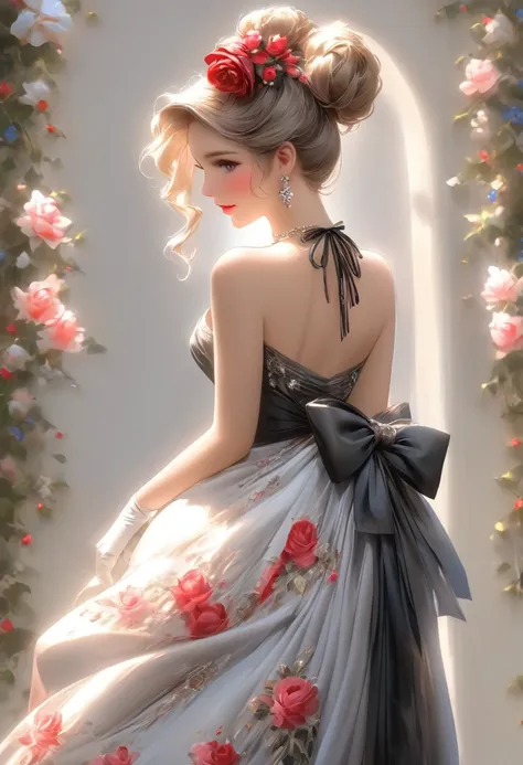 ((Masterpiece)), ((Best Quality)), (Very Detailed), ((Very Detailed)), 4K, (8K), very aesthetic, absurdres highres, 1 female, mature female, perfect anatomy, dress, solo, blonde hair, red eyes, hair ornament, jewelry, earrings, black dress, hair flower, fl...