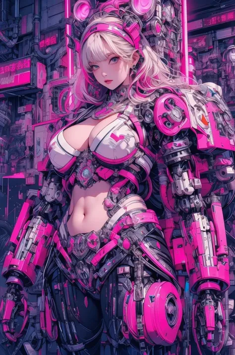 (masterpiece), (best quality), (ultra-detailed), Absurd,(masterpiece、highest quality、8k ),Intricate details,Ultra-detailed、1. Beautiful, And a woman of perfect proportions,(Machine Girl 1.3), Platinum white long hair,Cleavage,belly button,Stomach,(Mechanic...