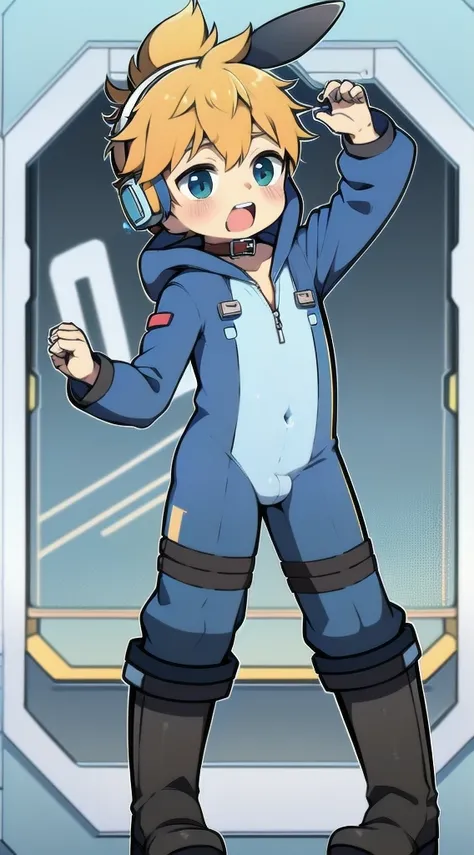 2D Boy Shota，One-piece mountaineering suit，Slim, healthy body，Put the headphones on your head，stand up，goggles，Rabbit ears，happy，Sailor collar，tie，Zipper pulled down，boots，hood，moan