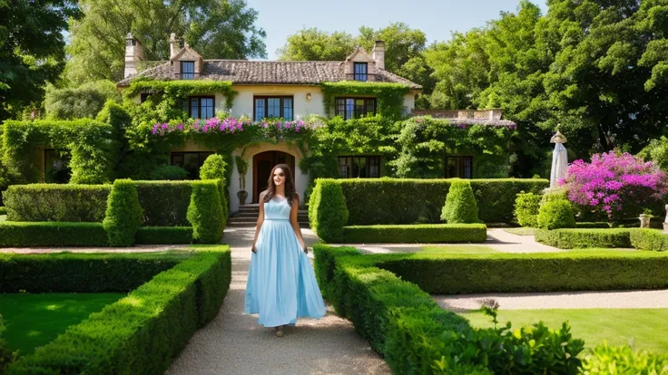 Luxury country house with garden, a young woman in the garden of the house, Mexican style on a striking summer day with blue sky. nature, Beautiful residential area house. a young woman in the garden of the house, Real Estate. - High Resolution Image
