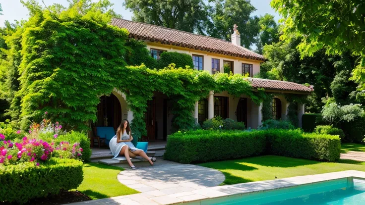 Luxury country house with garden, a young woman in the garden of the house, Mexican style on a striking summer day with blue sky. nature, Beautiful residential area house. a young woman in the garden of the house, Real Estate. - High Resolution Image
