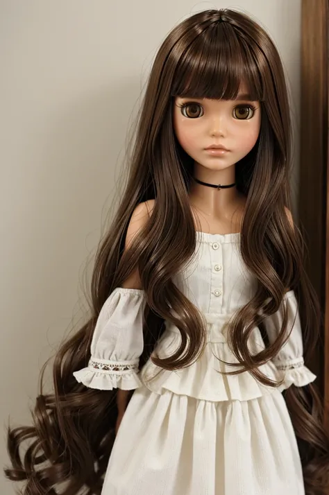 make me a brunette blythe doll with shoulder-length brown hair and long bangs