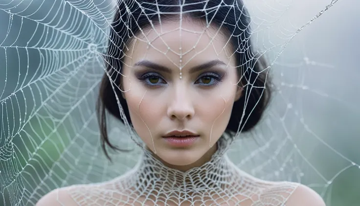 Ethereal, surreal photo of a woman with intricate web-like structures on her face and head, background soft and blurry to enhance the ethereal quality, woman looking directly at the camera with a neutral expression, close-up portrait focusing on the face a...