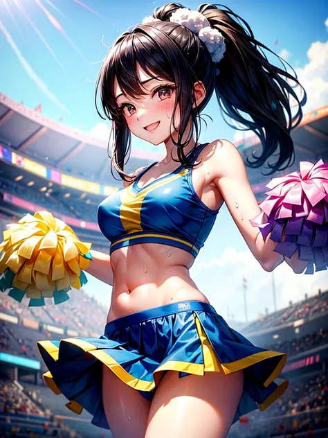 Highest quality,Highest Resolution,Beautiful smiling girl cheerleader holding pom-poms,Sweat flying,Big eyes,Belly button,Underwear that becomes transparent due to sweat,Black hair ponytail,Diagonally below,Arena,support,