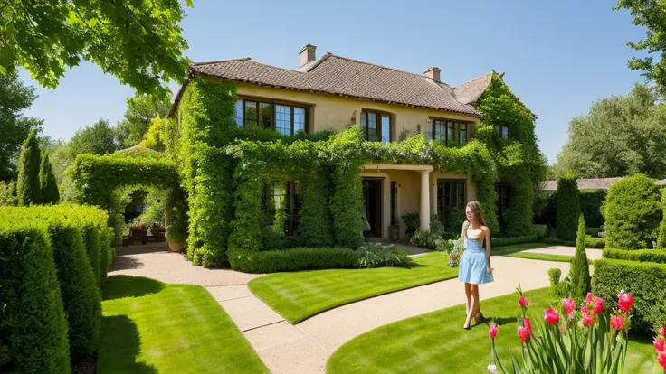 Luxury country house with garden, a young woman in the garden of the house, Mexican style on a striking summer day with blue sky. nature, Beautiful residential area house. a young woman in the garden of the house, Real Estate. - High Resolution Image
