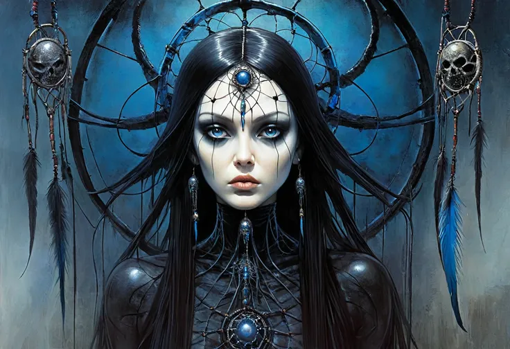 (Masterpiece, best quality), 1 Dame, alone, (lo Gothic), Dream Catcher, Vampir, short black hair, loose waves, blue eyes, sweet, (HG giger, Art by Hermann Nitsch, Beksinski, Dariusz Zawadzki, giger, zdzislaw beksinski), in the middle is written Psytrance
