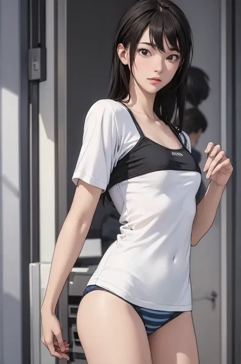 ((masterpiece, best quality)), 1 Girl, solo, Blurred Background, (((Small breasts))), Thighs, (Stripe underwear), T-Shirts,