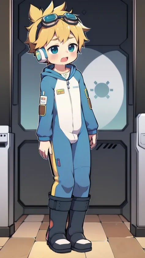 2D Boy Shota，One-piece mountaineering suit，Slim, healthy body，Put the headphones on your head，stand up，goggles，happy，Sailor collar，tie，Zipper pulled down，boots，hood，moan