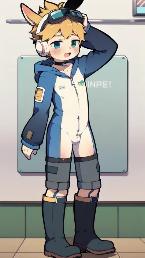 2D Boy Shota，One-piece mountaineering suit，Slim, healthy body，Put the headphones on your head，stand up，goggles，Rabbit ears，happy，Sailor collar，tie，Zipper pulled down，boots，hood，moan