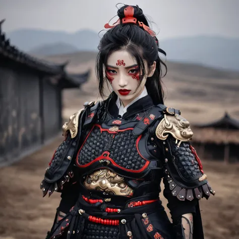 a half cyborg samurai girl, gothic costume, with tattoo, red lip, whole body, dynamic pose, gloomy battlefield background, dark fantasy, horror atmosphere. beautiful hairstyle, dreamy gothic girl
