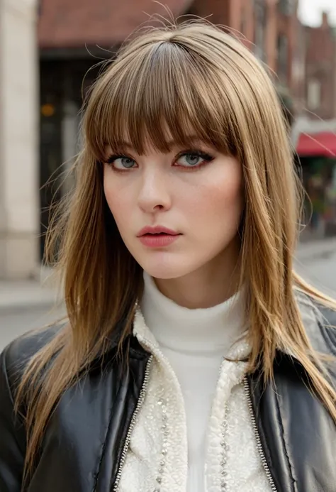 masterpiece, highres, screen shot, best quality, 1girl, (scar on left eye), white cropped jacket, highly detailed, rule of thirds, jewelry, long hair, bangs, hair between eyes