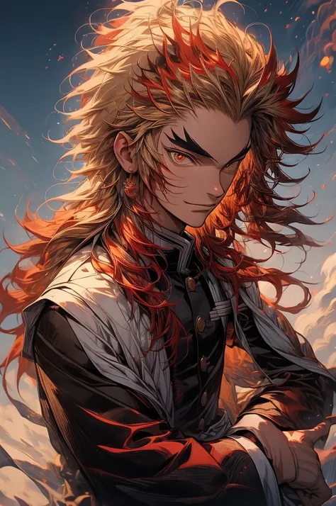 (masterpiece, best quality:1.2), solo, male focus, 1boy, rengoku kyojuro, smile, incrsunsheathingakatanameme, sheath, holding sheath, long hair, forked eyebrows, demon slayer uniform, black jacket, long sleeves, white cape