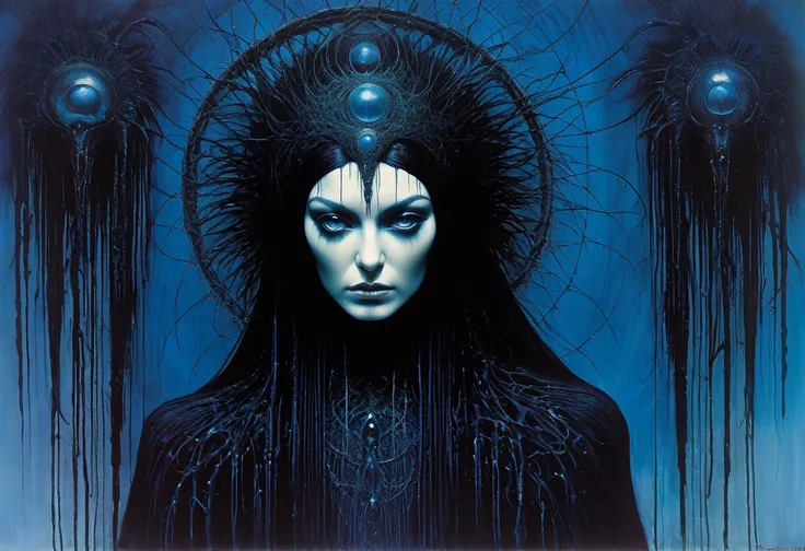 (Masterpiece, best quality), 1 Dame, alone, (lo Gothic), Dream Catcher, Vampir, short black hair, loose waves, blue eyes, sweet, (HG giger, Art by Hermann Nitsch, Beksinski, Dariusz Zawadzki, giger, zdzislaw beksinski), in the middle is written Psytrance
