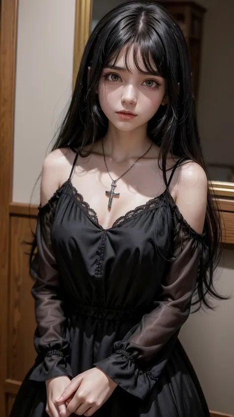 make an anime style image. A girl with black hair, bangss, and medium hair, eyes browns, super branca, a long black dress, and a crucifix necklace, with a deep look she must be petting her black cat