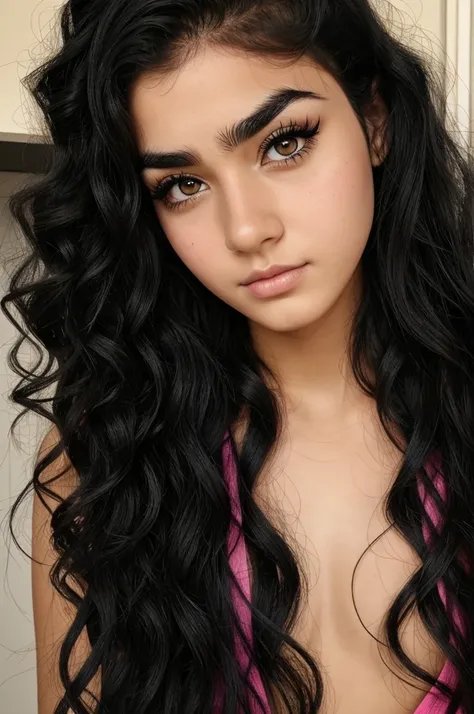 A 16 year old girl with long black curly hair , black eyes, colorful eyelashes, a lubar on the left side of the face and camananzes and evil eyebrows